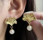 Ginkgo Leaf Pearl Drop Earrings - Image 3