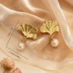 Ginkgo Leaf Pearl Drop Earrings - Image 2