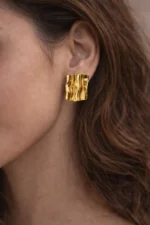 Crinkled Gold Square Stud Earring - Image 4