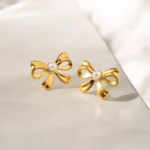 Pearl Bow Stud Earrings - Image 2