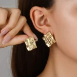Crinkled Gold Square Stud Earring - Image 3