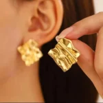 Crinkled Gold Square Stud Earring - Image 7