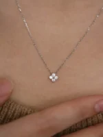 Tiny Silver Clover Zircon Necklace - Image 4