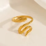 Gold-plated stainless steel snake wrap ring on satin background