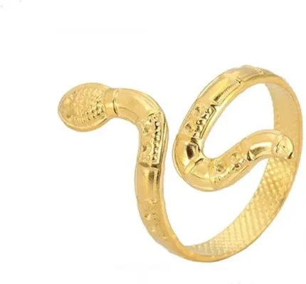 Gold-plated stainless steel adjustable ring shaped like a coiled snake on a lace background