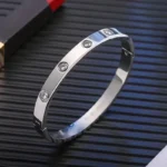 Silver stainless steel bangle bracelet with round clear stone accents on a dark textured background