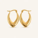 Pair of gold-plated stainless steel V-shaped hoop earrings with polished finish on a neutral background