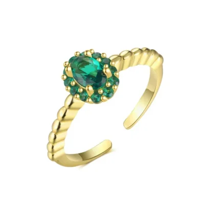 Gold-plated stainless steel open ring with a central oval green stone surrounded by smaller green gems and a twisted rope band.
