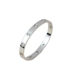 Silver stainless steel bangle bracelet with round clear stone accents on a dark textured background